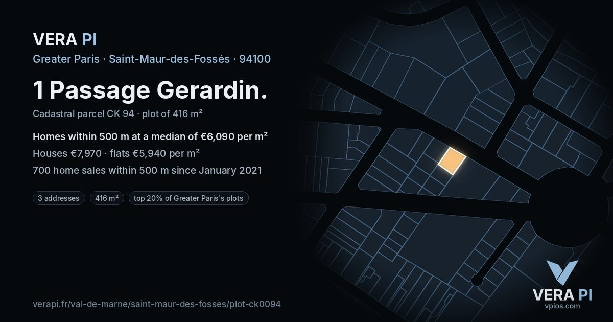 1 Passage Gerardin, Saint-Maur-des-Fossés at night – the plot lit, the parcels around coloured by the prices near them