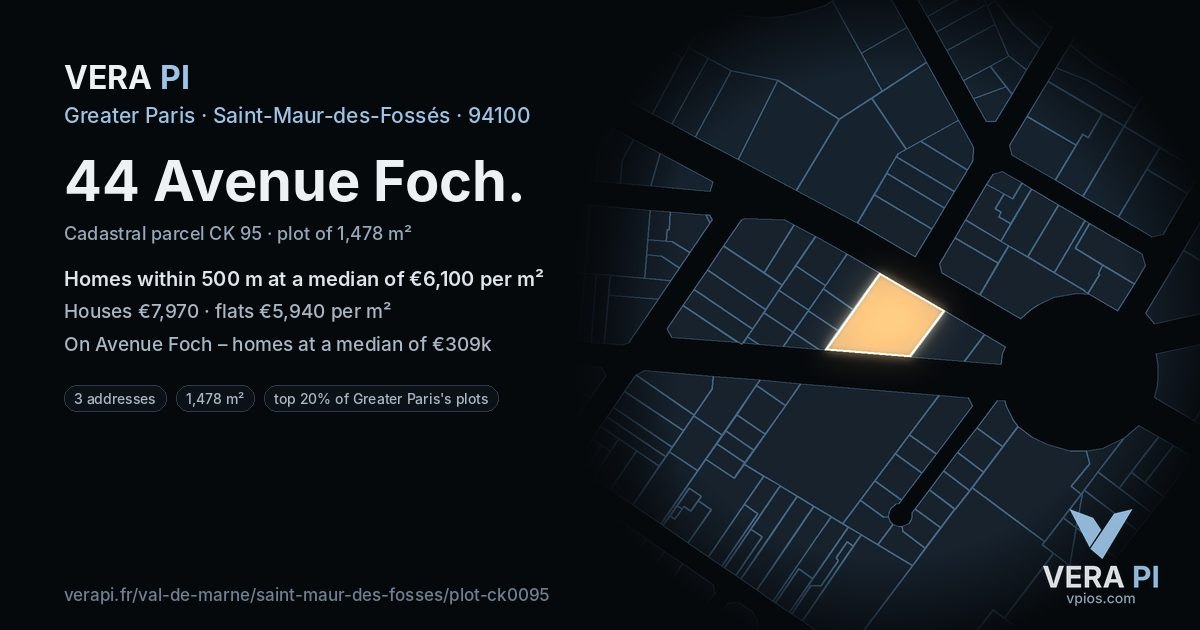 44 Avenue Foch, Saint-Maur-des-Fossés at night – the plot lit, the parcels around coloured by the prices near them
