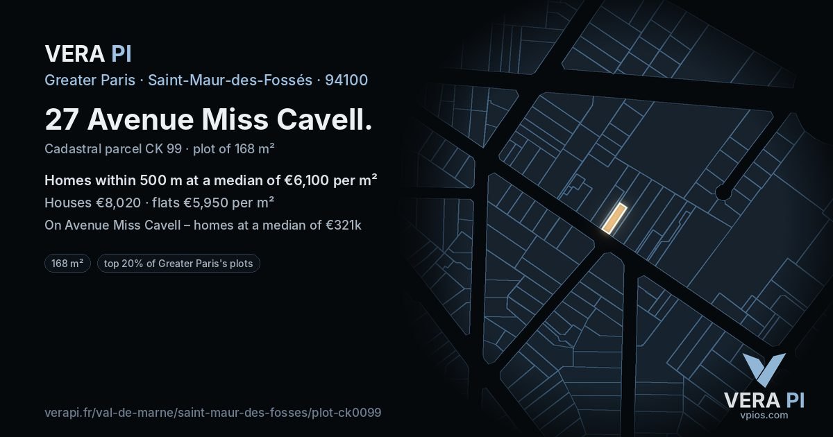 27 Avenue Miss Cavell, Saint-Maur-des-Fossés at night – the plot lit, the parcels around coloured by the prices near them