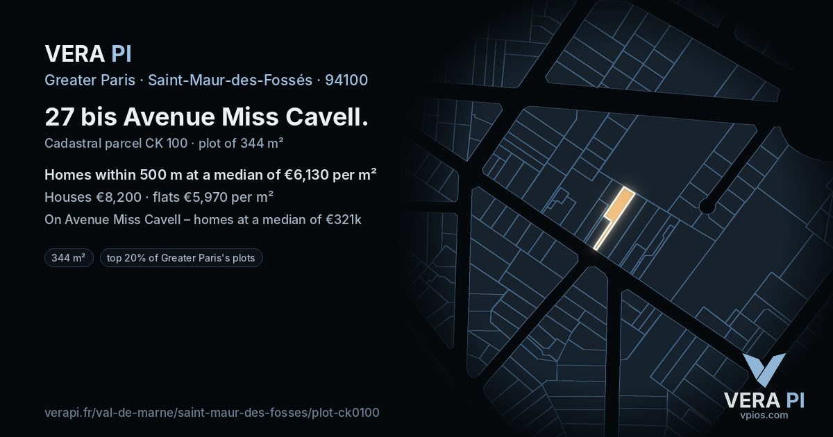 27 bis Avenue Miss Cavell, Saint-Maur-des-Fossés at night – the plot lit, the parcels around coloured by the prices near them