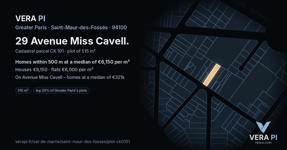 29 Avenue Miss Cavell, Saint-Maur-des-Fossés at night – the plot lit, the parcels around coloured by the prices near them