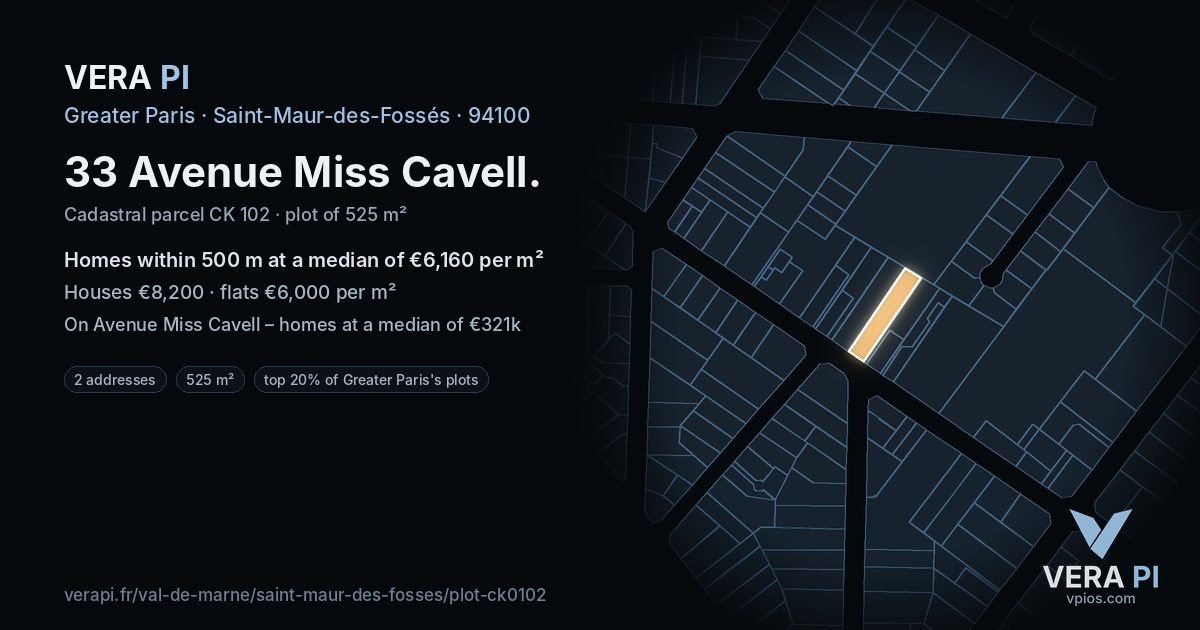 33 Avenue Miss Cavell, Saint-Maur-des-Fossés at night – the plot lit, the parcels around coloured by the prices near them