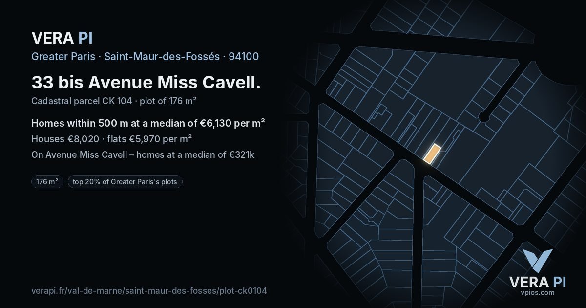 33 bis Avenue Miss Cavell, Saint-Maur-des-Fossés at night – the plot lit, the parcels around coloured by the prices near them