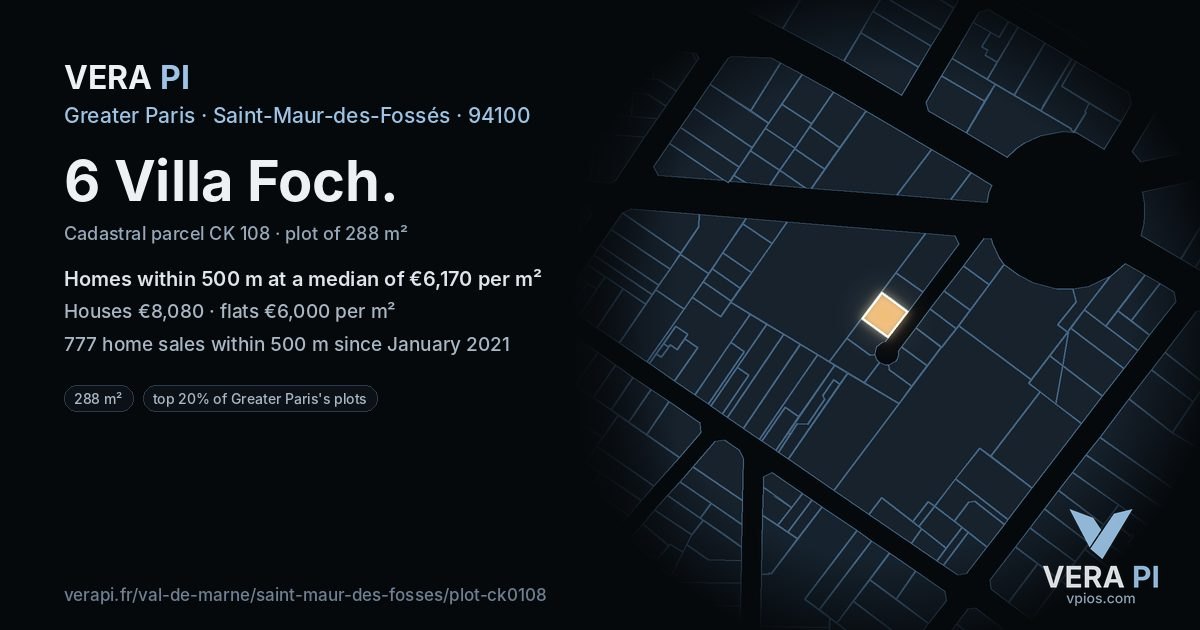 6 Villa Foch, Saint-Maur-des-Fossés at night – the plot lit, the parcels around coloured by the prices near them