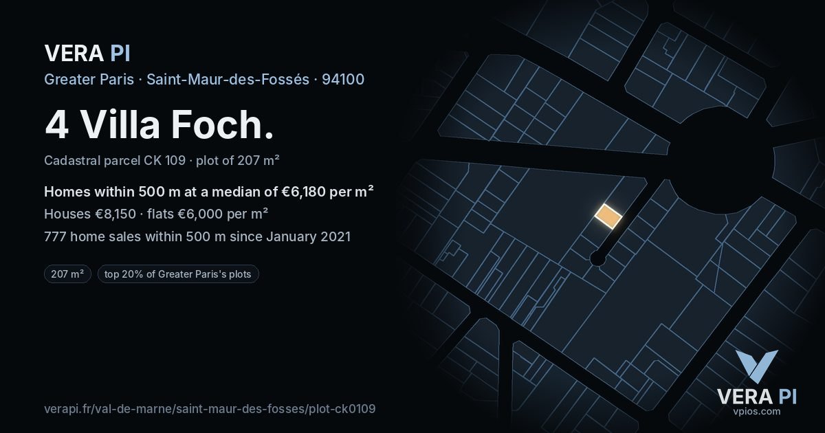 4 Villa Foch, Saint-Maur-des-Fossés at night – the plot lit, the parcels around coloured by the prices near them