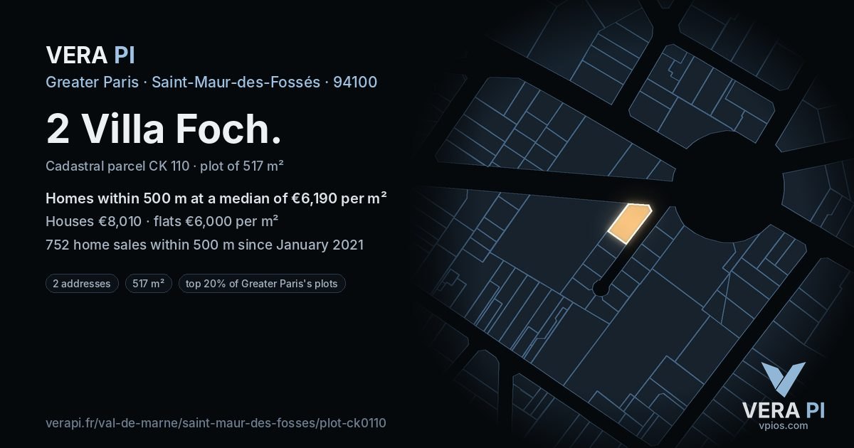 2 Villa Foch, Saint-Maur-des-Fossés at night – the plot lit, the parcels around coloured by the prices near them