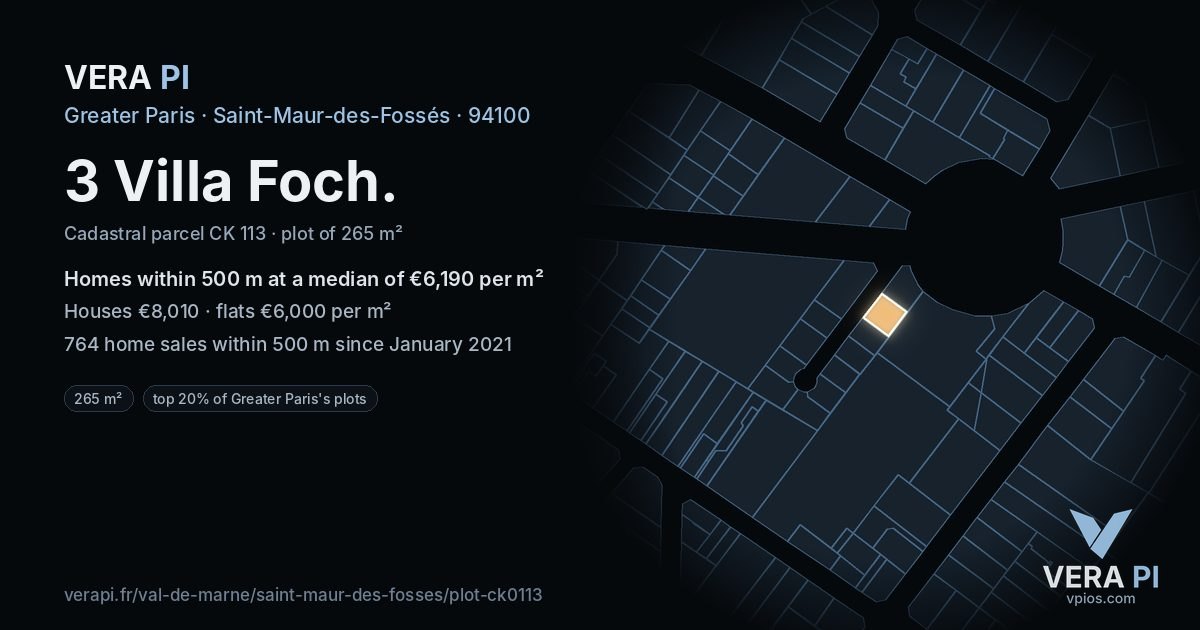 3 Villa Foch, Saint-Maur-des-Fossés at night – the plot lit, the parcels around coloured by the prices near them