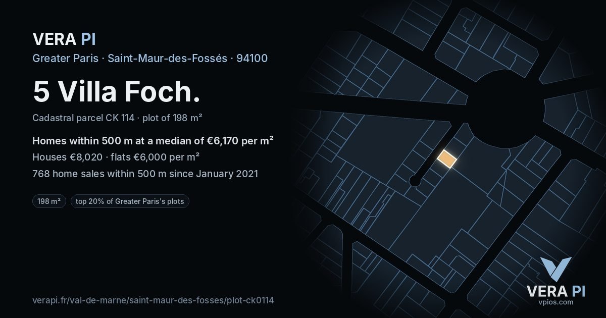 5 Villa Foch, Saint-Maur-des-Fossés at night – the plot lit, the parcels around coloured by the prices near them