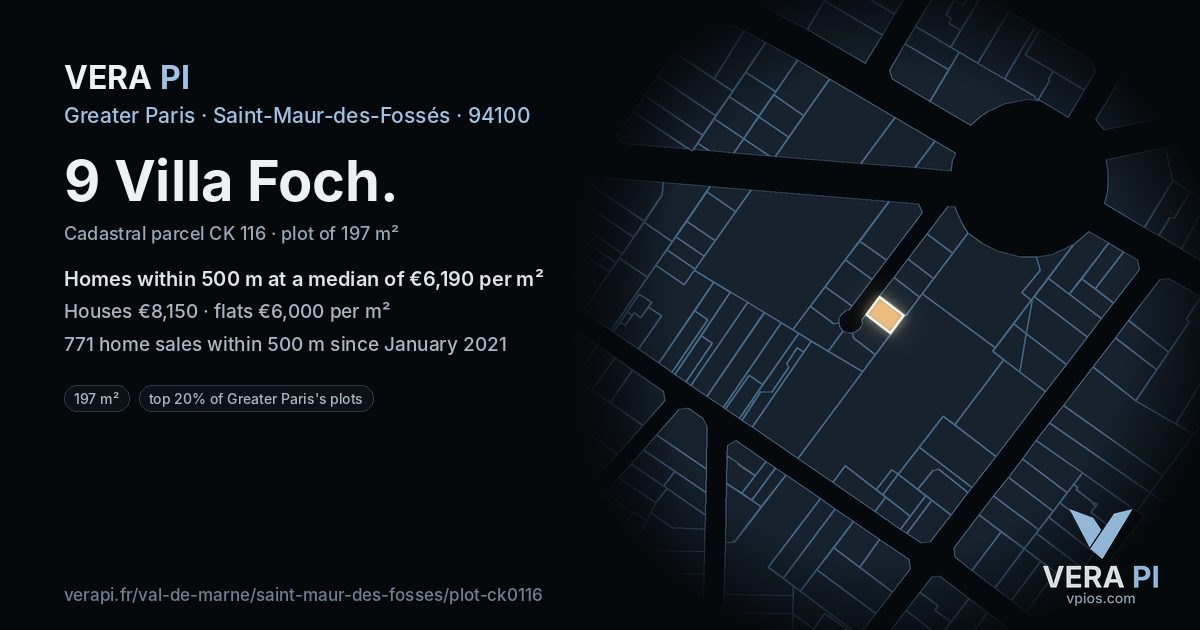 9 Villa Foch, Saint-Maur-des-Fossés at night – the plot lit, the parcels around coloured by the prices near them