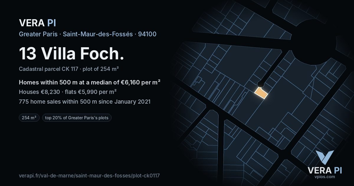 13 Villa Foch, Saint-Maur-des-Fossés at night – the plot lit, the parcels around coloured by the prices near them