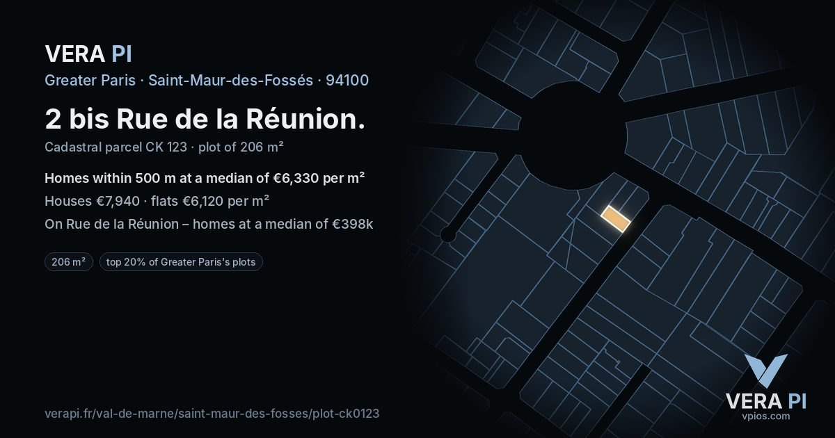 2 bis Rue de la Réunion, Saint-Maur-des-Fossés at night – the plot lit, the parcels around coloured by the prices near them