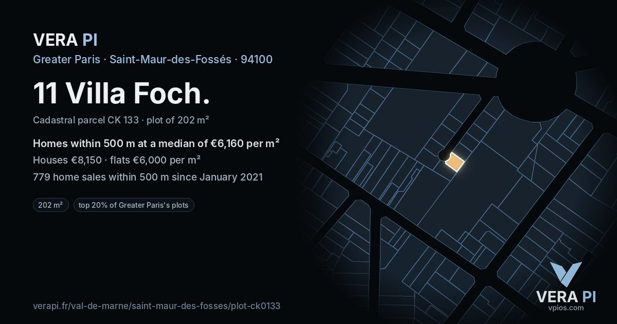 11 Villa Foch, Saint-Maur-des-Fossés at night – the plot lit, the parcels around coloured by the prices near them