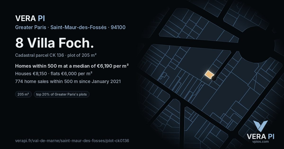 8 Villa Foch, Saint-Maur-des-Fossés at night – the plot lit, the parcels around coloured by the prices near them
