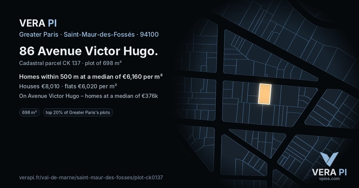 86 Avenue Victor Hugo, Saint-Maur-des-Fossés at night – the plot lit, the parcels around coloured by the prices near them