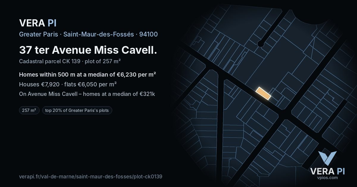 37 ter Avenue Miss Cavell, Saint-Maur-des-Fossés at night – the plot lit, the parcels around coloured by the prices near them