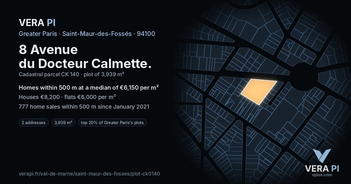 8 Avenue du Docteur Calmette, Saint-Maur-des-Fossés at night – the plot lit, the parcels around coloured by the prices near them