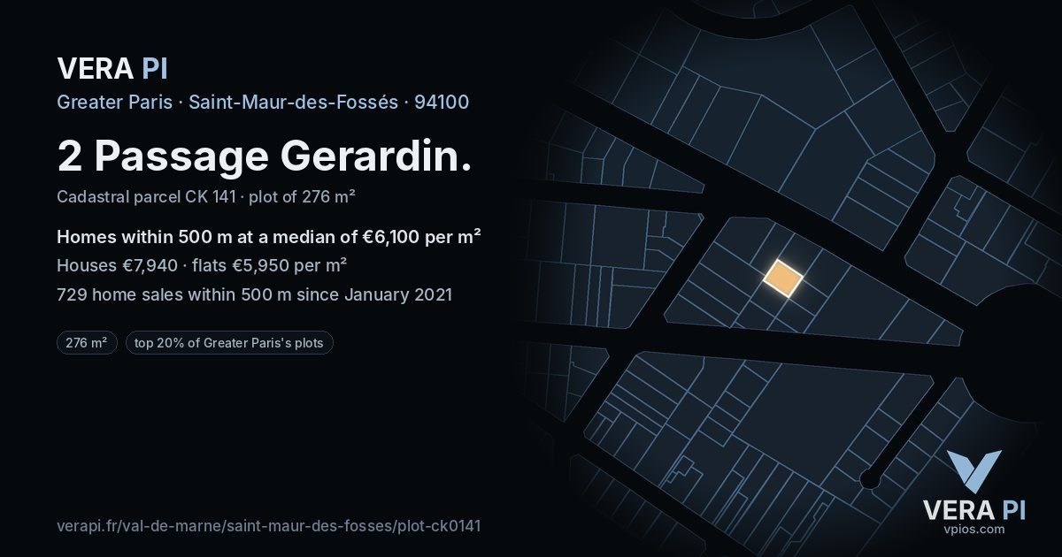 2 Passage Gerardin, Saint-Maur-des-Fossés at night – the plot lit, the parcels around coloured by the prices near them