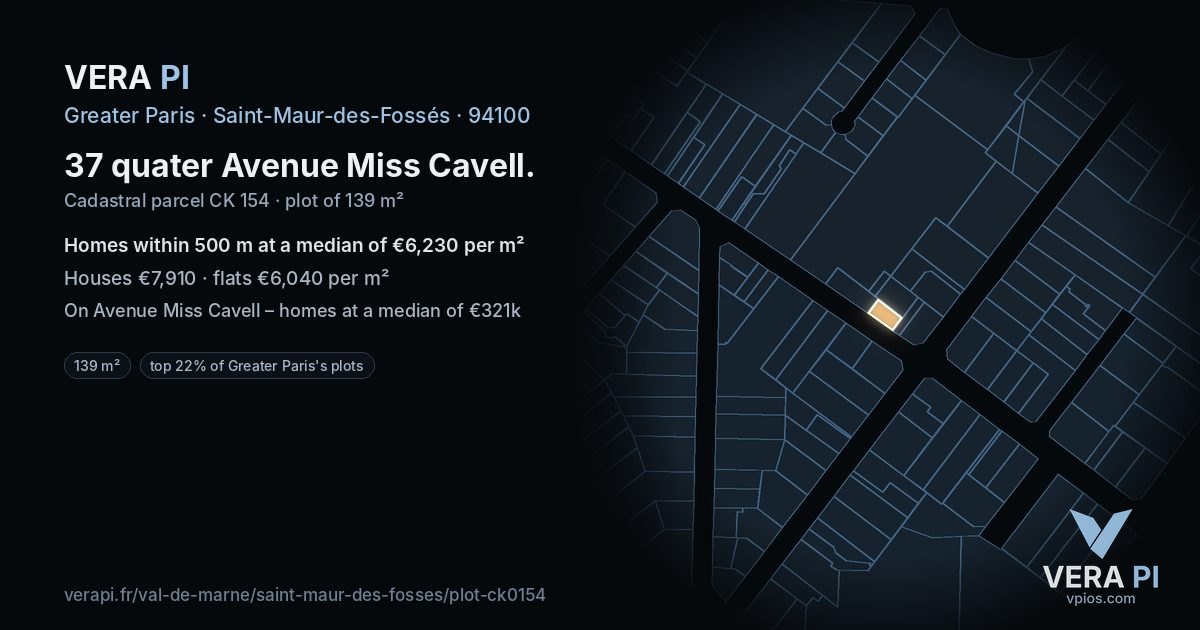37 quater Avenue Miss Cavell, Saint-Maur-des-Fossés at night – the plot lit, the parcels around coloured by the prices near them