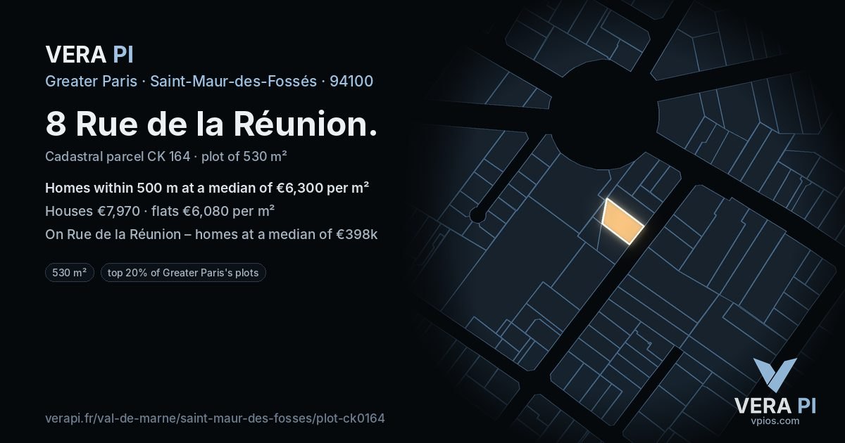 8 Rue de la Réunion, Saint-Maur-des-Fossés at night – the plot lit, the parcels around coloured by the prices near them
