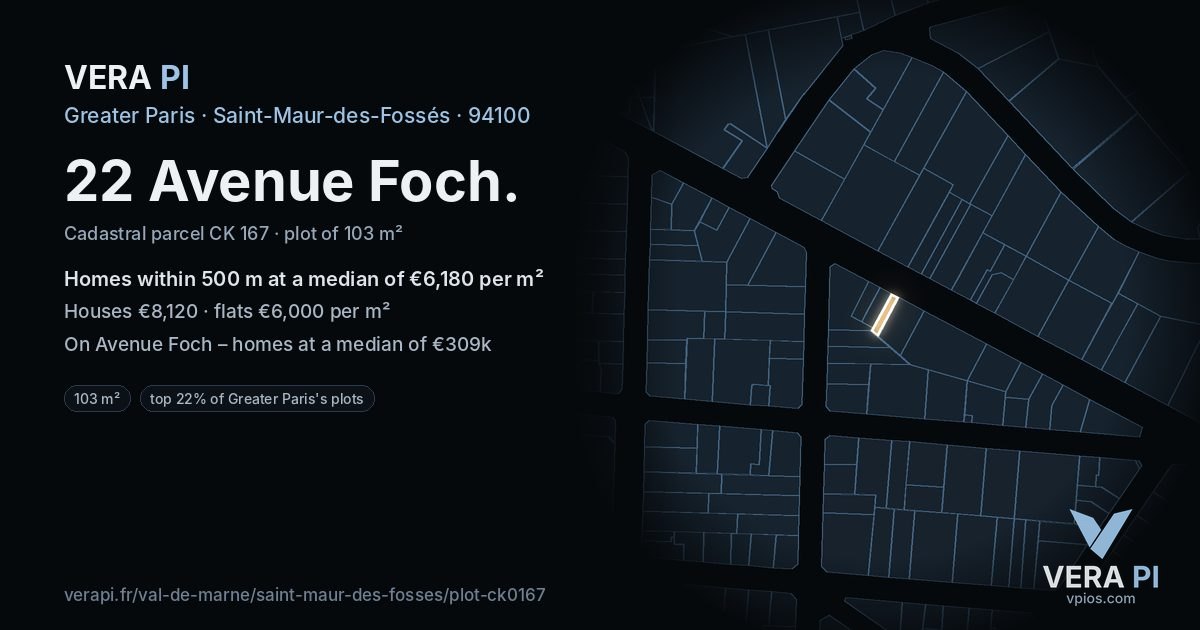 22 Avenue Foch, Saint-Maur-des-Fossés at night – the plot lit, the parcels around coloured by the prices near them