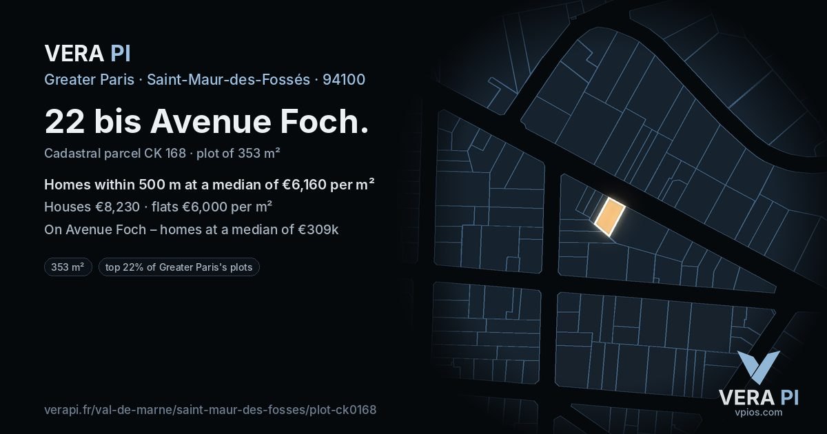 22 bis Avenue Foch, Saint-Maur-des-Fossés at night – the plot lit, the parcels around coloured by the prices near them
