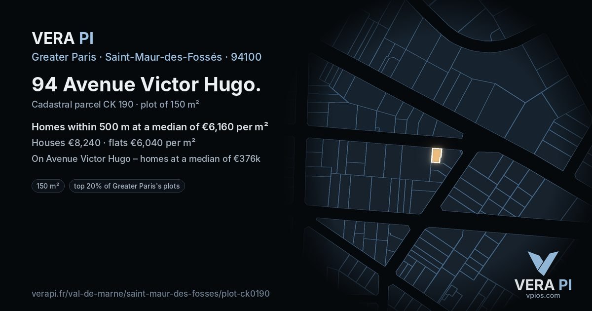 94 Avenue Victor Hugo, Saint-Maur-des-Fossés at night – the plot lit, the parcels around coloured by the prices near them