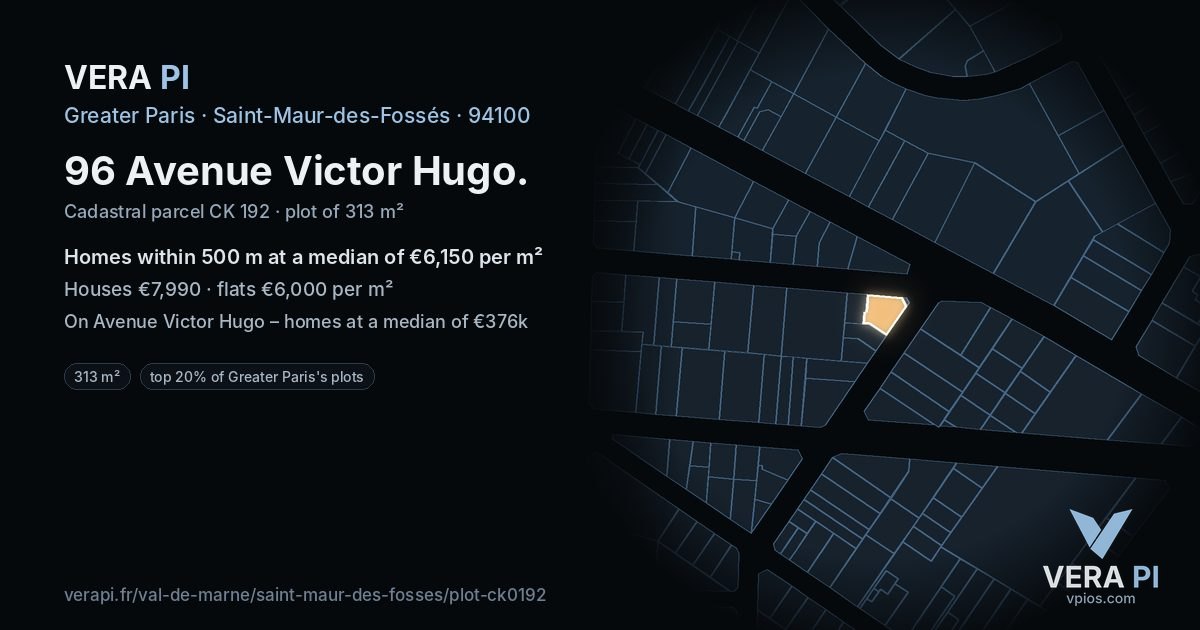 96 Avenue Victor Hugo, Saint-Maur-des-Fossés at night – the plot lit, the parcels around coloured by the prices near them