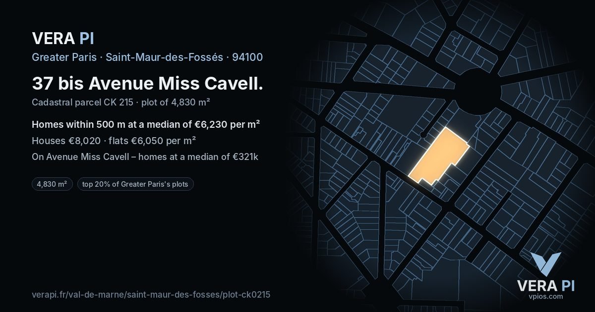37 bis Avenue Miss Cavell, Saint-Maur-des-Fossés at night – the plot lit, the parcels around coloured by the prices near them