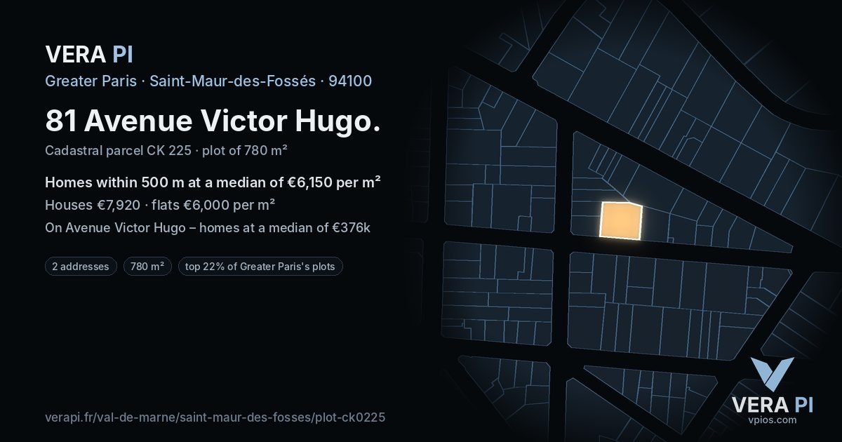 81 Avenue Victor Hugo, Saint-Maur-des-Fossés at night – the plot lit, the parcels around coloured by the prices near them