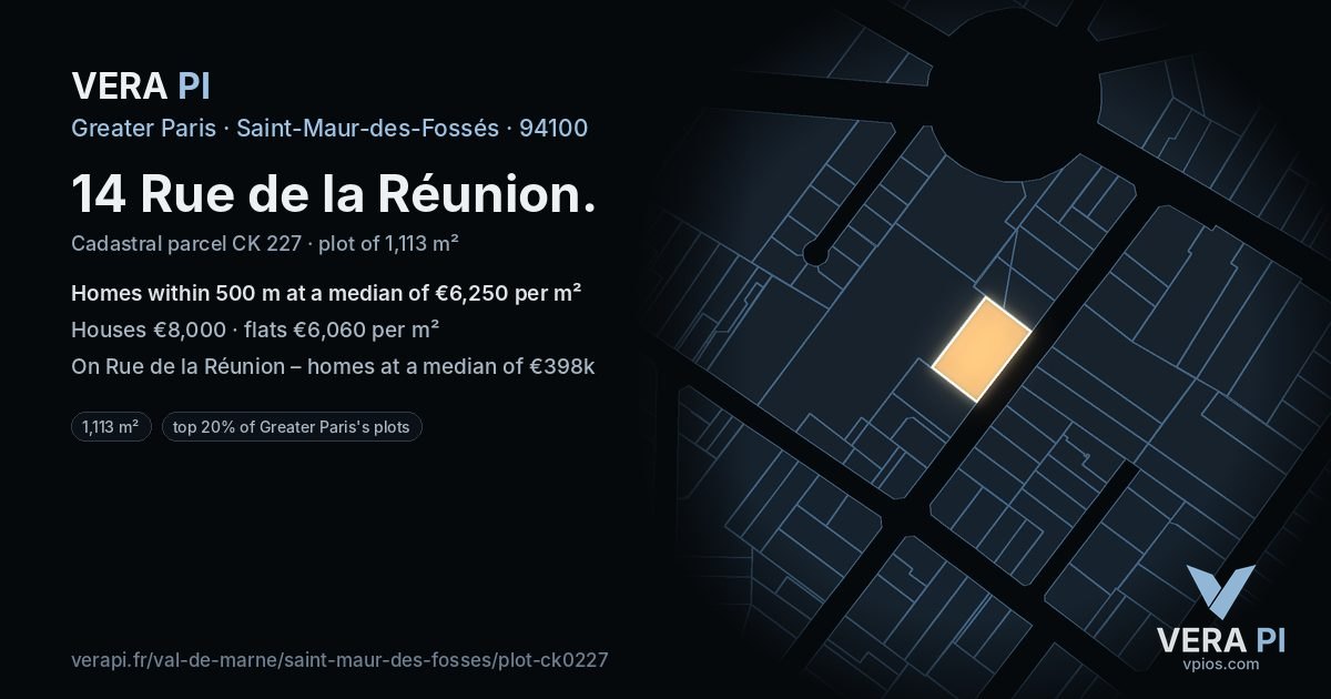 14 Rue de la Réunion, Saint-Maur-des-Fossés at night – the plot lit, the parcels around coloured by the prices near them