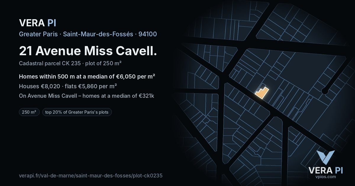 21 Avenue Miss Cavell, Saint-Maur-des-Fossés at night – the plot lit, the parcels around coloured by the prices near them