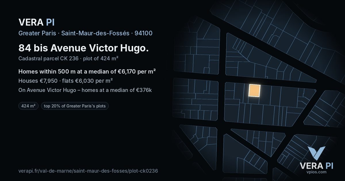 84 bis Avenue Victor Hugo, Saint-Maur-des-Fossés at night – the plot lit, the parcels around coloured by the prices near them