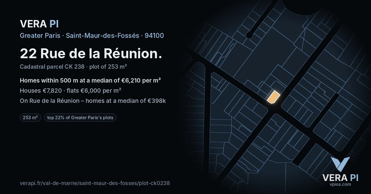 22 Rue de la Réunion, Saint-Maur-des-Fossés at night – the plot lit, the parcels around coloured by the prices near them