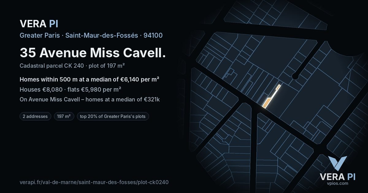 35 Avenue Miss Cavell, Saint-Maur-des-Fossés at night – the plot lit, the parcels around coloured by the prices near them
