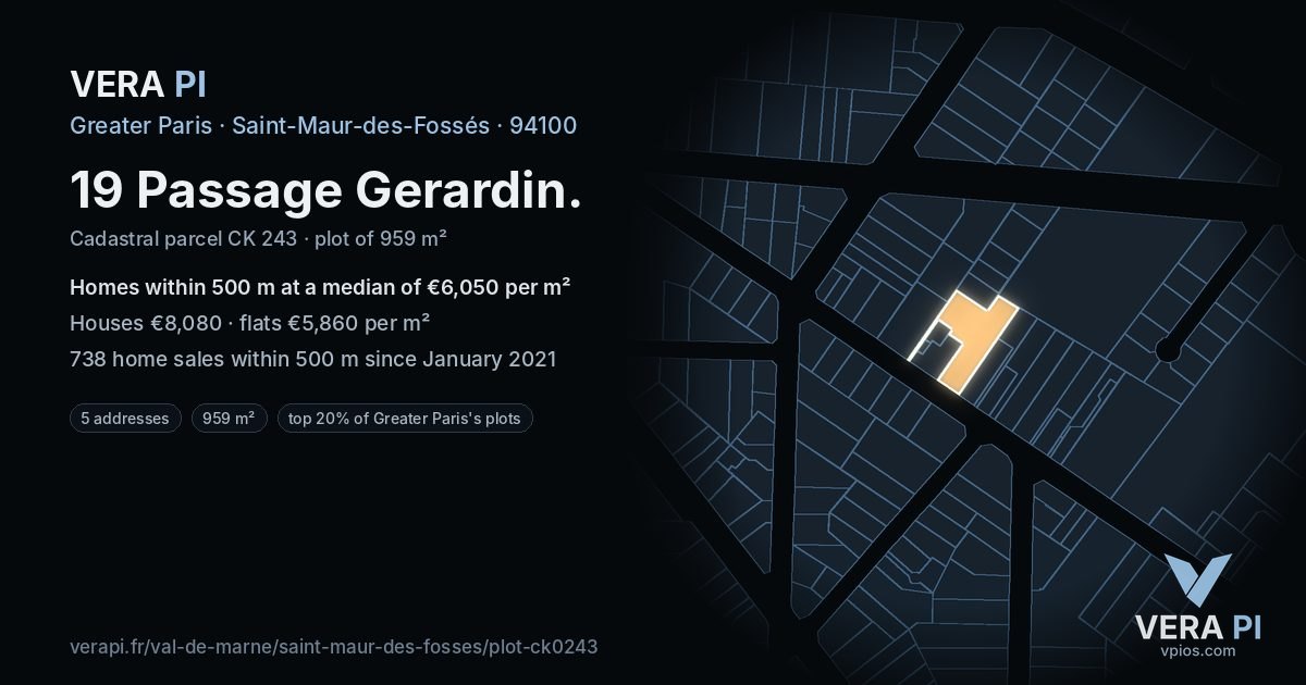 19 Passage Gerardin, Saint-Maur-des-Fossés at night – the plot lit, the parcels around coloured by the prices near them