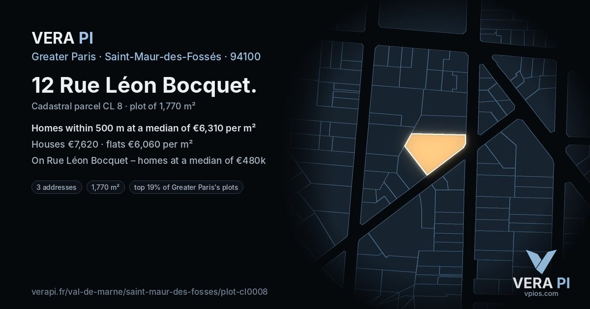12 Rue Léon Bocquet, Saint-Maur-des-Fossés at night – the plot lit, the parcels around coloured by the prices near them