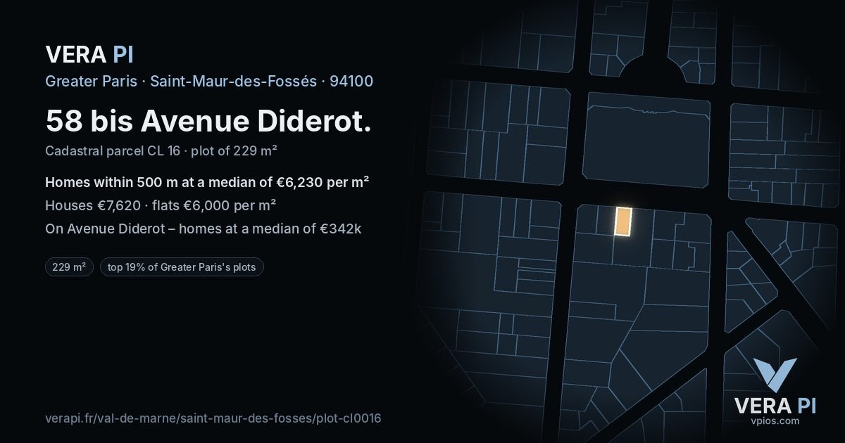 58 bis Avenue Diderot, Saint-Maur-des-Fossés at night – the plot lit, the parcels around coloured by the prices near them