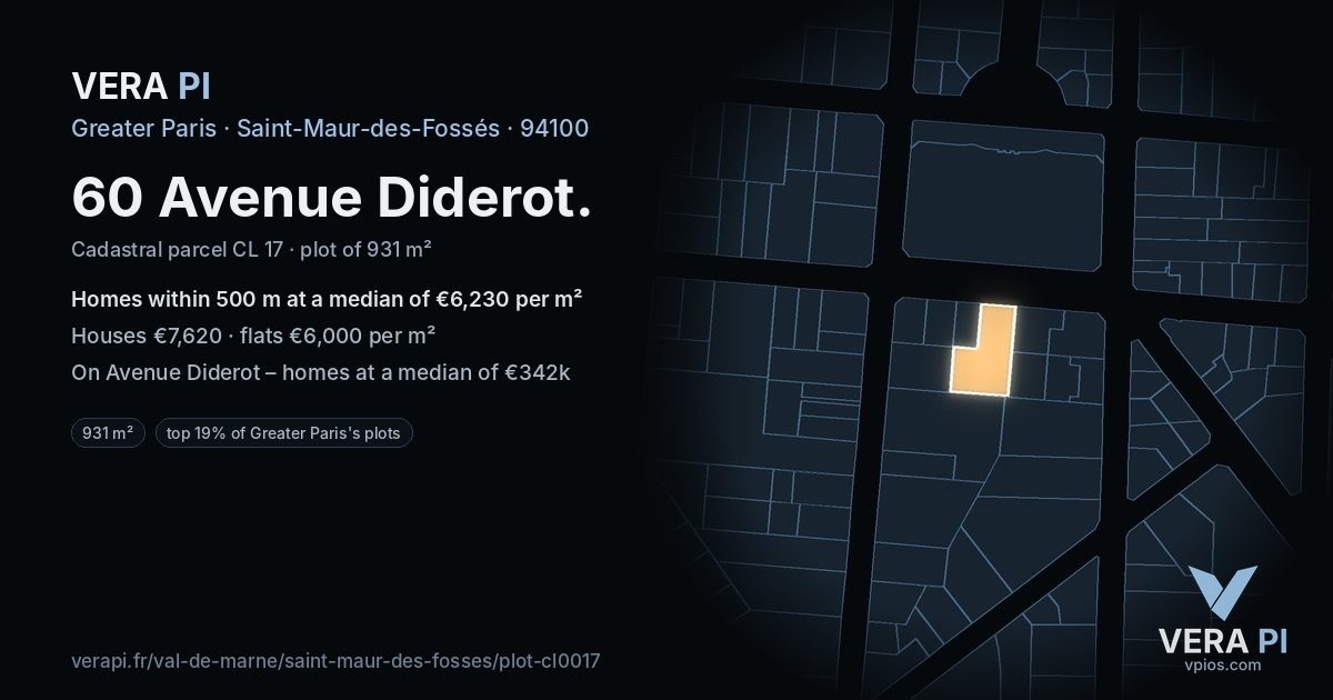 60 Avenue Diderot, Saint-Maur-des-Fossés at night – the plot lit, the parcels around coloured by the prices near them