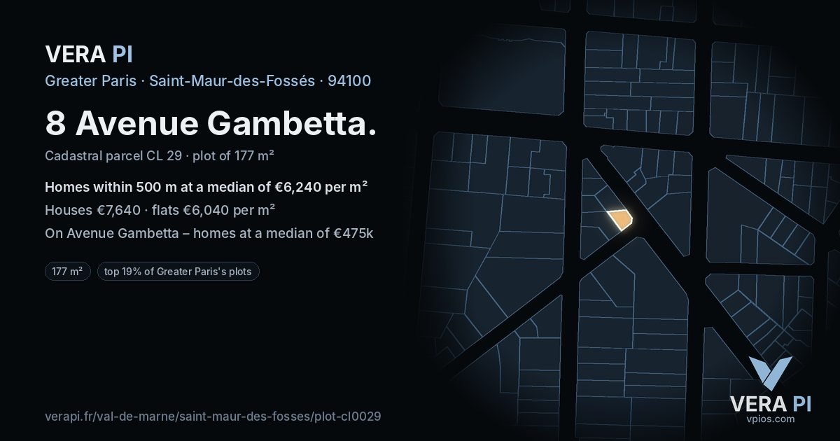 8 Avenue Gambetta, Saint-Maur-des-Fossés at night – the plot lit, the parcels around coloured by the prices near them