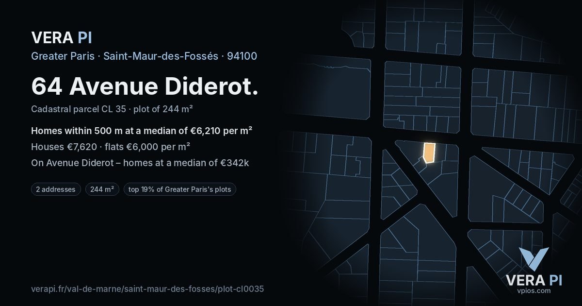 64 Avenue Diderot, Saint-Maur-des-Fossés at night – the plot lit, the parcels around coloured by the prices near them