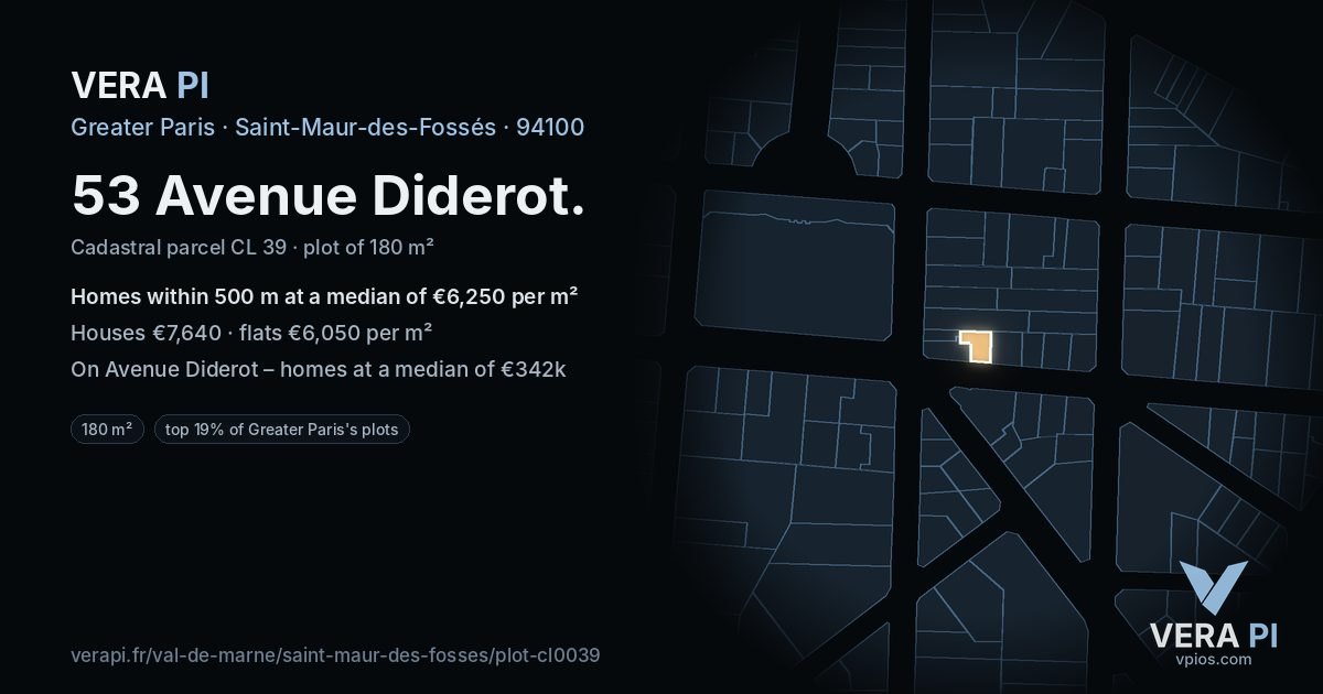 53 Avenue Diderot, Saint-Maur-des-Fossés at night – the plot lit, the parcels around coloured by the prices near them