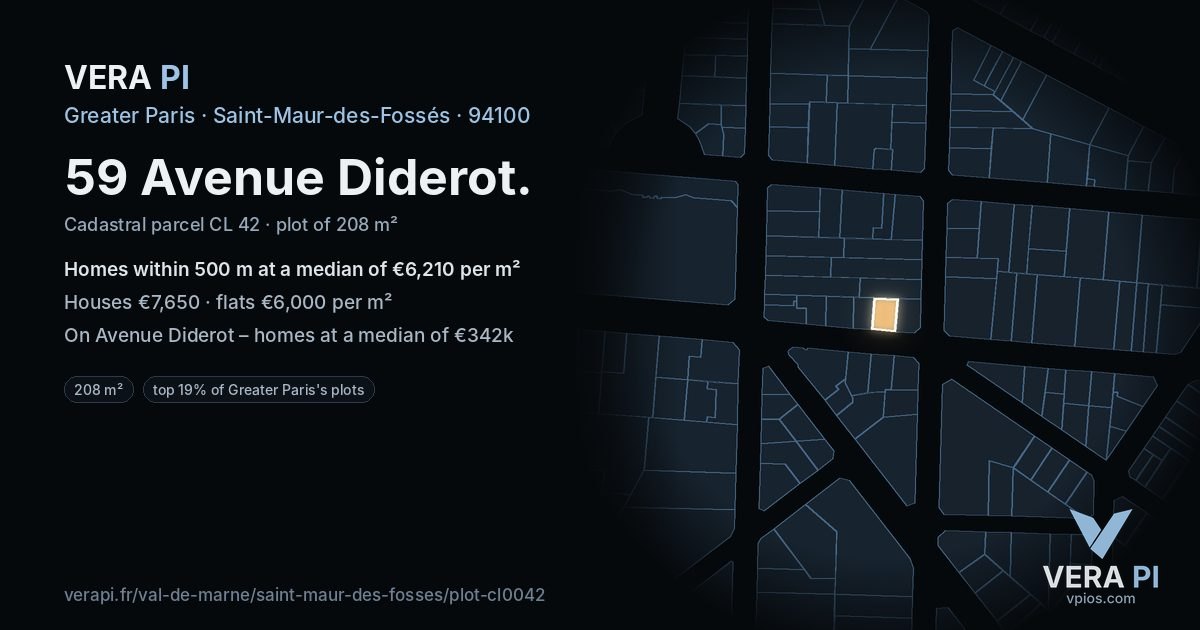 59 Avenue Diderot, Saint-Maur-des-Fossés at night – the plot lit, the parcels around coloured by the prices near them