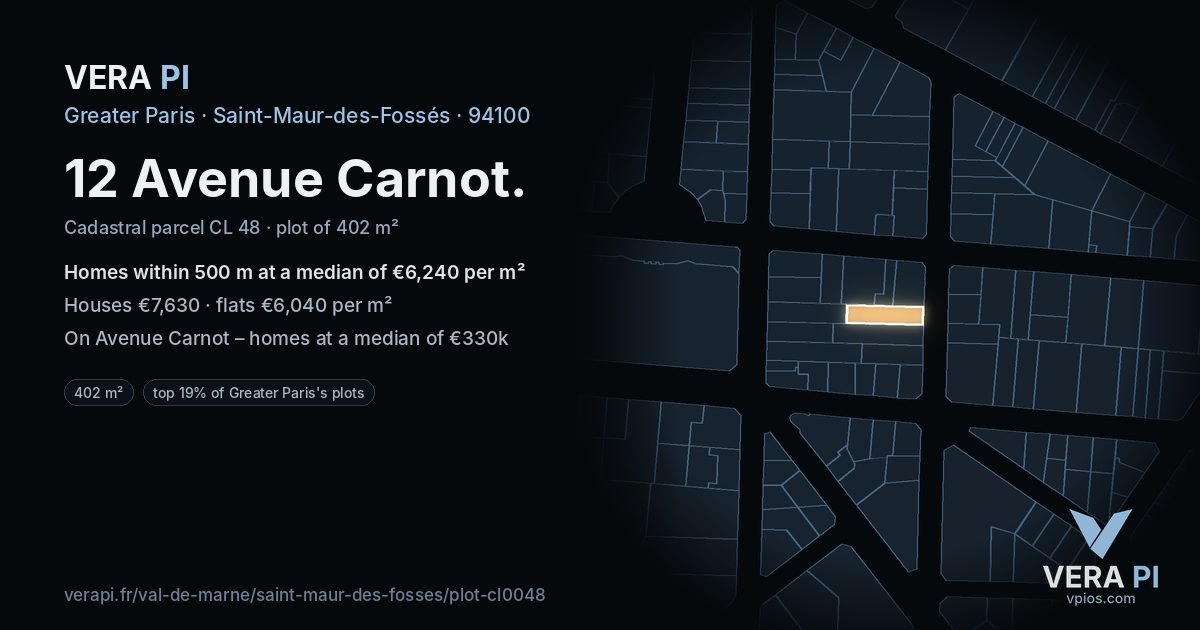 12 Avenue Carnot, Saint-Maur-des-Fossés at night – the plot lit, the parcels around coloured by the prices near them
