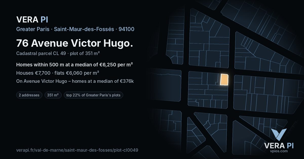 76 Avenue Victor Hugo, Saint-Maur-des-Fossés at night – the plot lit, the parcels around coloured by the prices near them