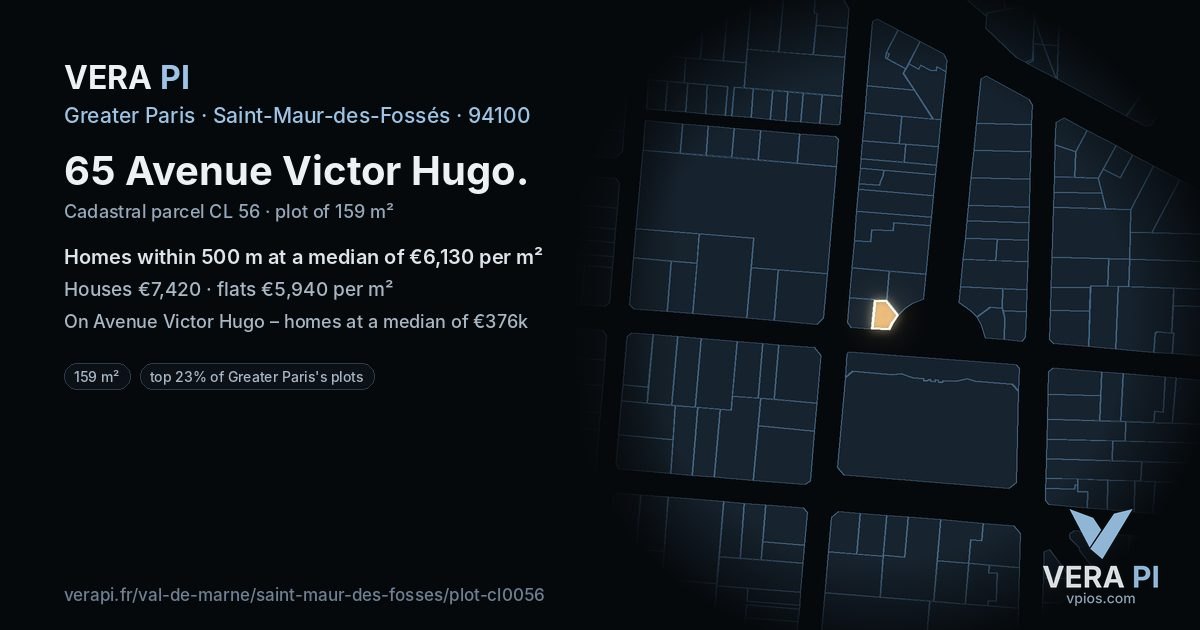 65 Avenue Victor Hugo, Saint-Maur-des-Fossés at night – the plot lit, the parcels around coloured by the prices near them