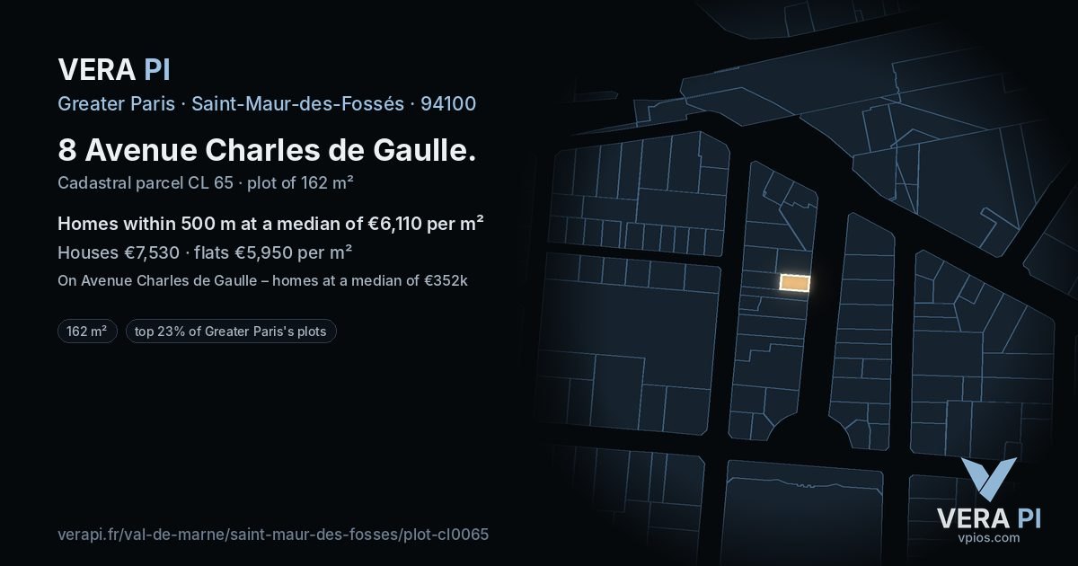8 Avenue Charles de Gaulle, Saint-Maur-des-Fossés at night – the plot lit, the parcels around coloured by the prices near them
