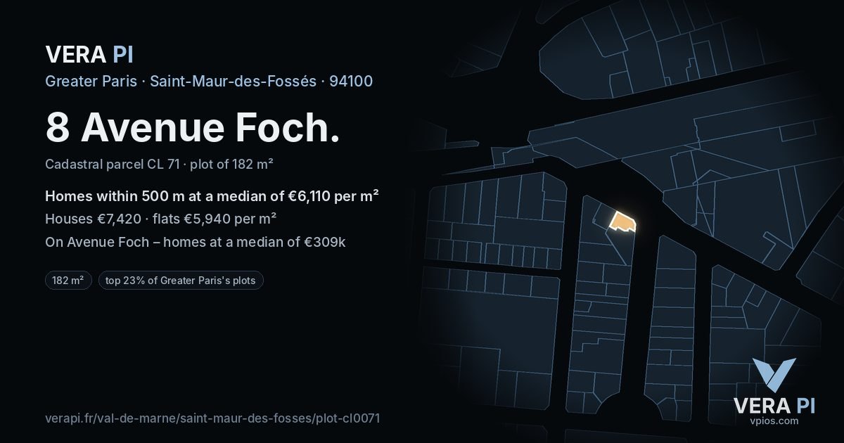 8 Avenue Foch, Saint-Maur-des-Fossés at night – the plot lit, the parcels around coloured by the prices near them