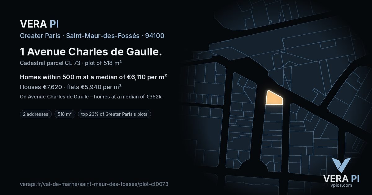 1 Avenue Charles de Gaulle, Saint-Maur-des-Fossés at night – the plot lit, the parcels around coloured by the prices near them