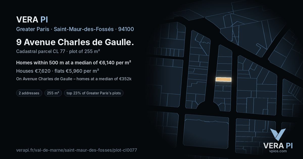 9 Avenue Charles de Gaulle, Saint-Maur-des-Fossés at night – the plot lit, the parcels around coloured by the prices near them