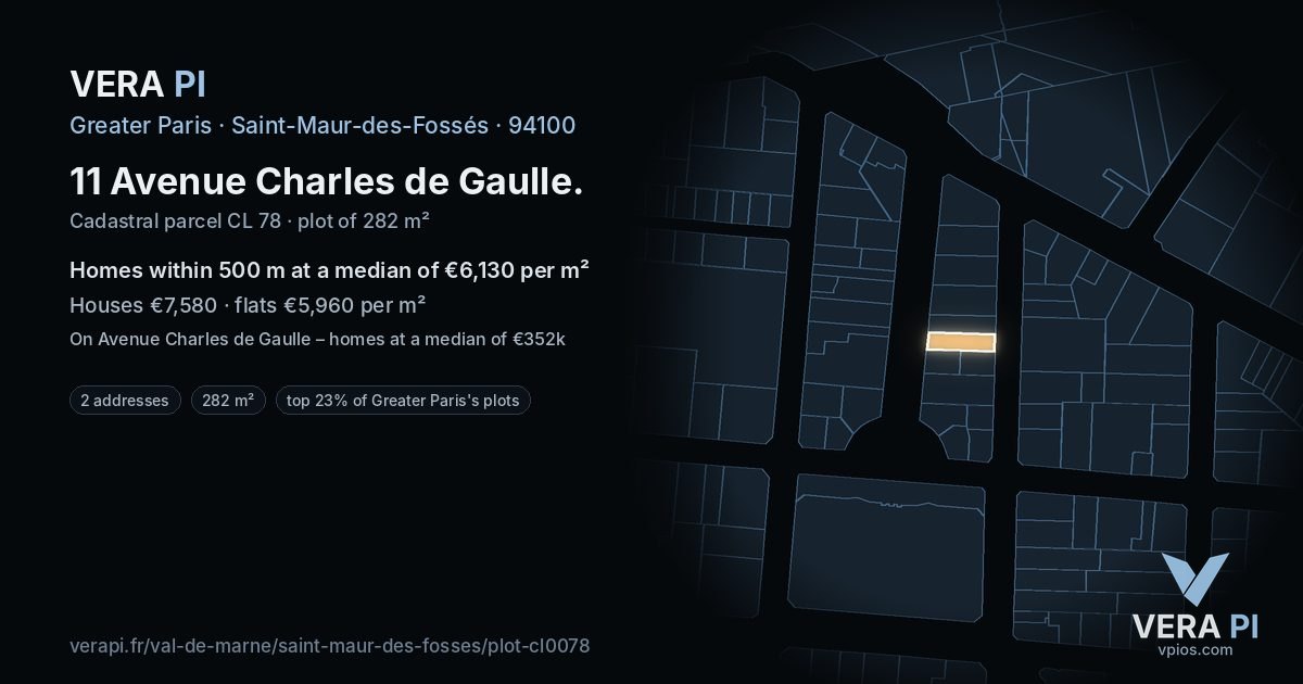 11 Avenue Charles de Gaulle, Saint-Maur-des-Fossés at night – the plot lit, the parcels around coloured by the prices near them